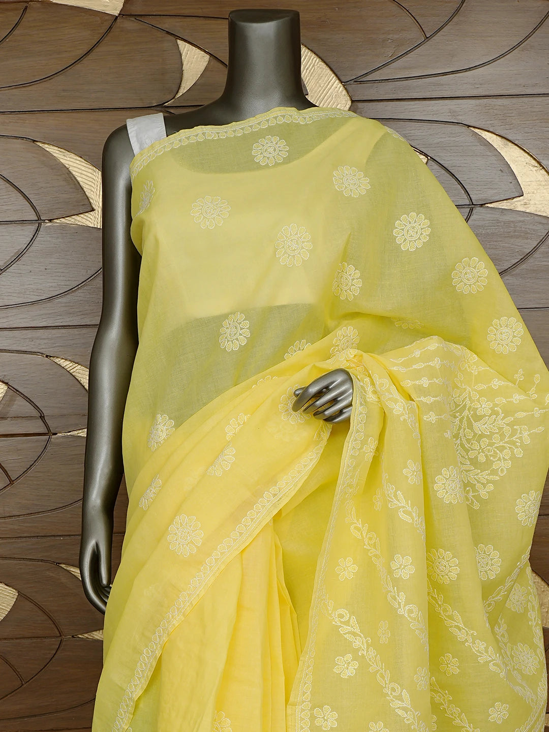 Ada Hand Embroidered Yellow Cotton Lucknowi Chikankari Saree and Blouse 01A866233