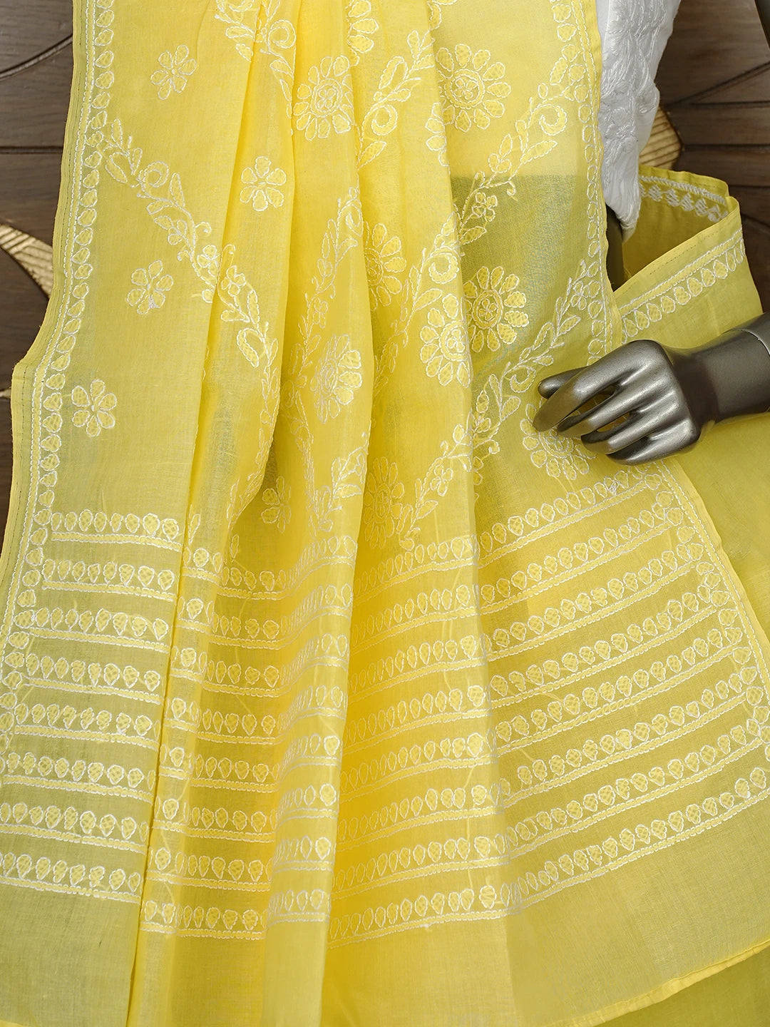Ada Hand Embroidered Yellow Cotton Lucknowi Chikankari Saree and Blouse 01A866233