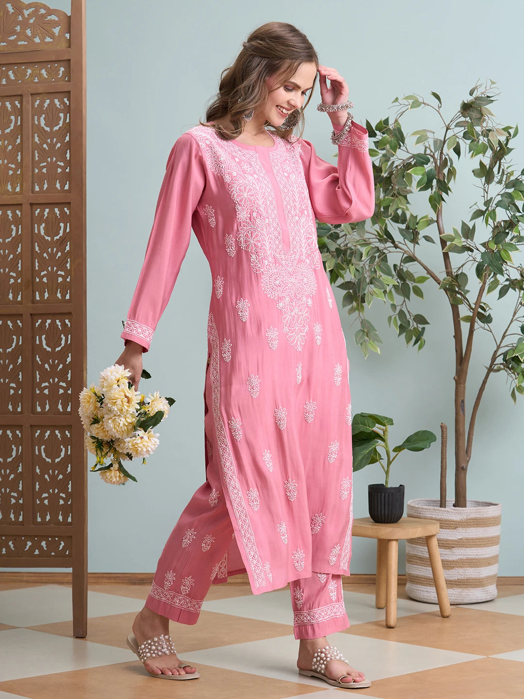 Ada Hand Embroidered Onion Pink Chanderi Lucknowi Chikankari Kurta Set A811359