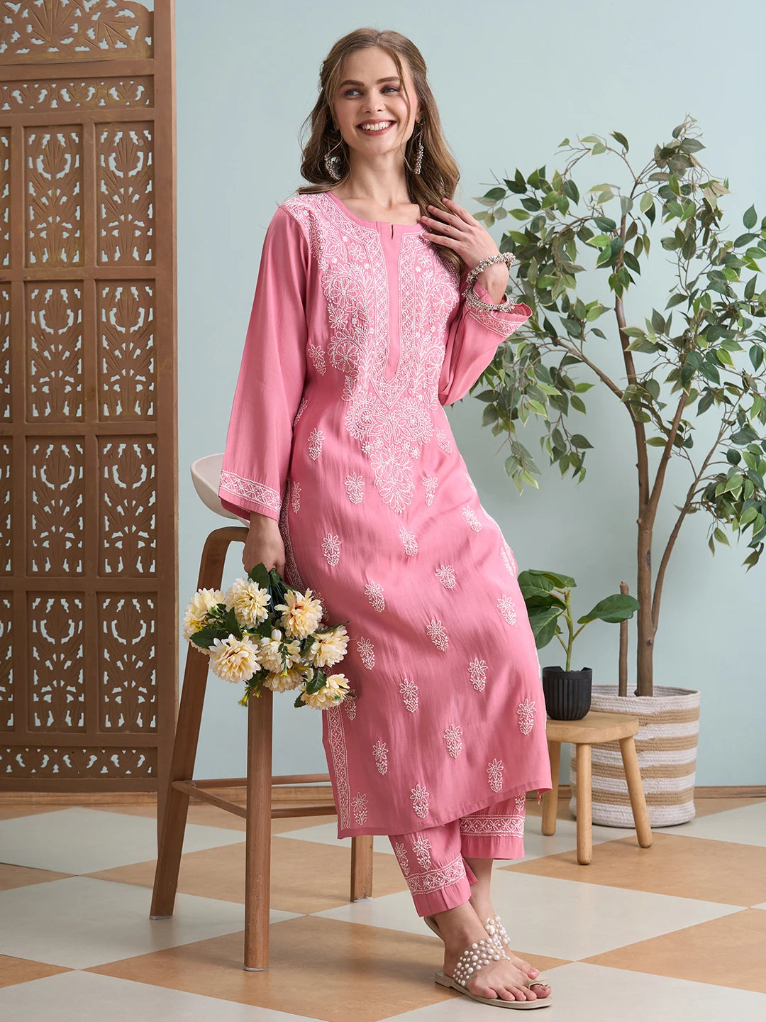 Ada Hand Embroidered Onion Pink Chanderi Lucknowi Chikankari Kurta Set A811359