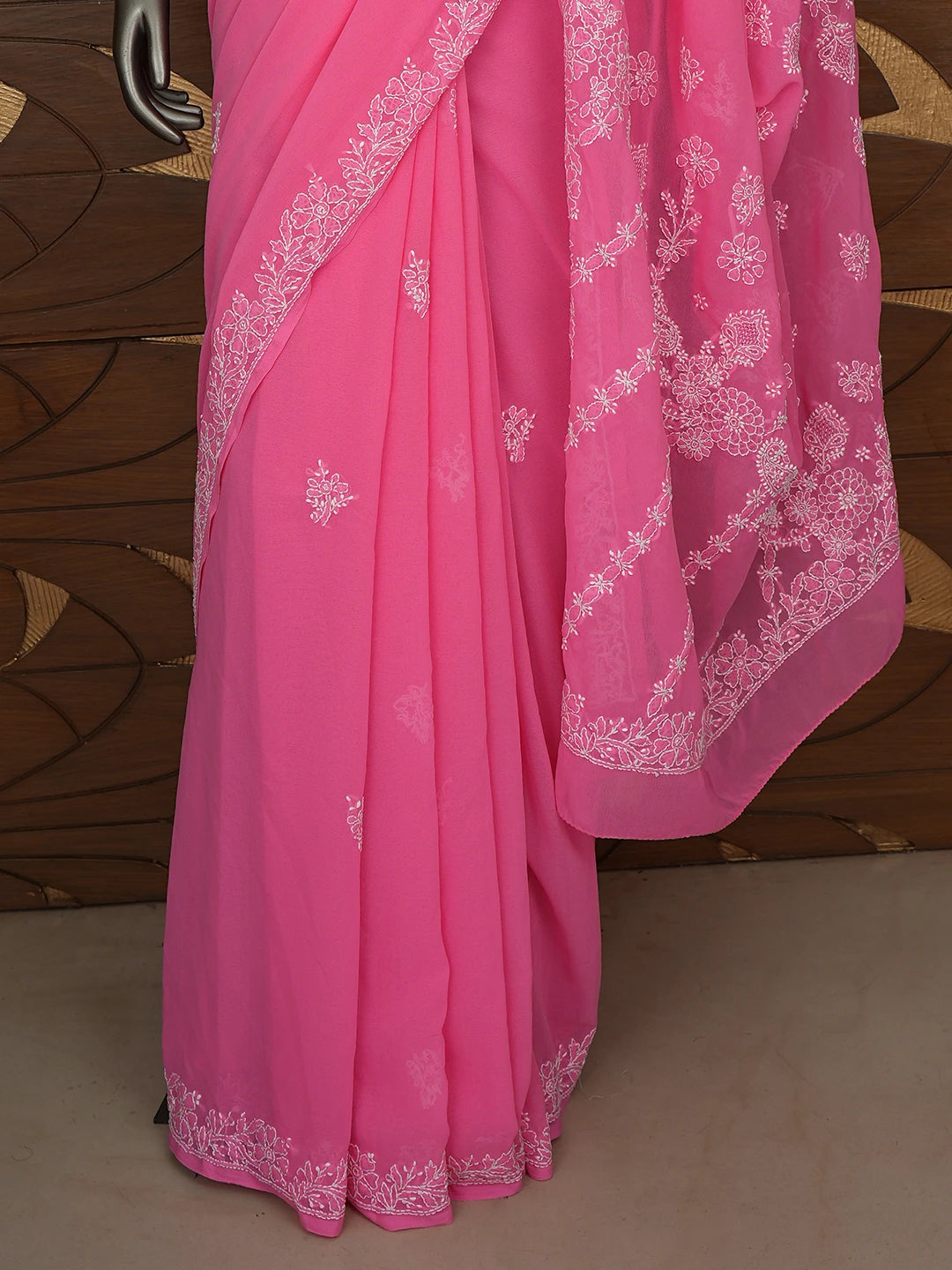 Ada Hand Embroidered Pink Georgette Lucknowi Chikankari Saree With Blouse 01A642755