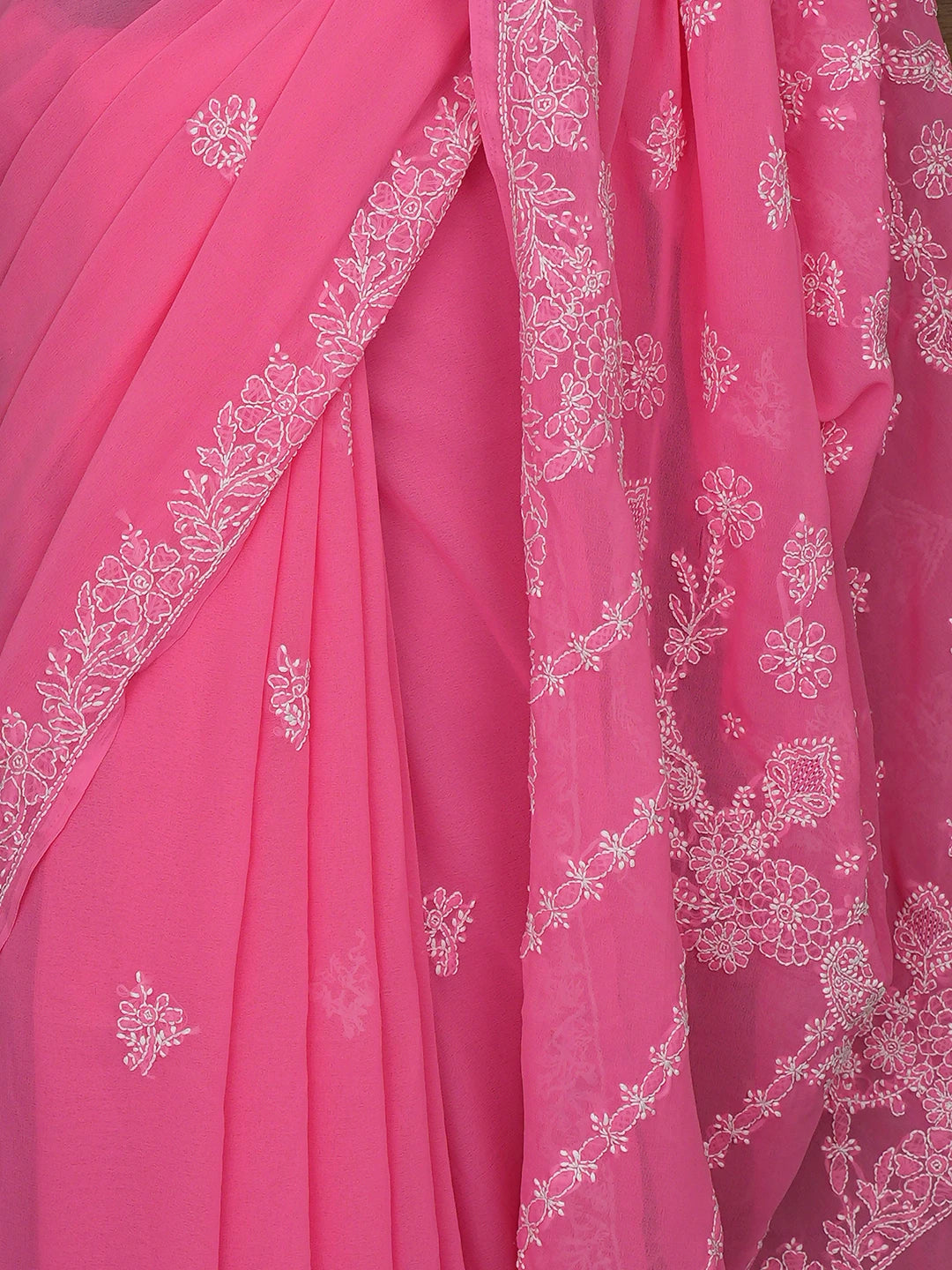 Ada Hand Embroidered Pink Georgette Lucknowi Chikankari Saree With Blouse 01A642755