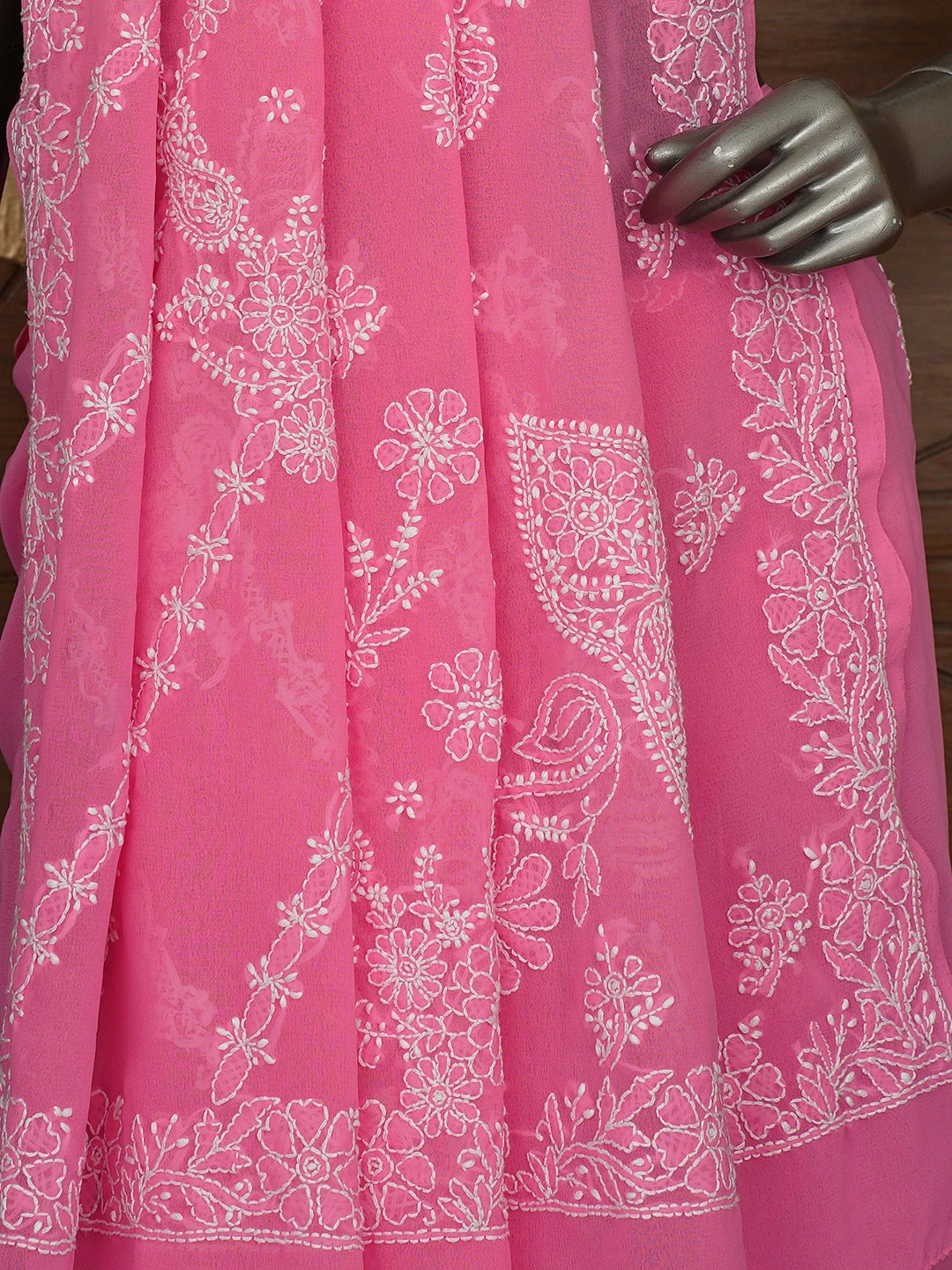 Ada Hand Embroidered Pink Georgette Lucknowi Chikankari Saree With Blouse 01A642755