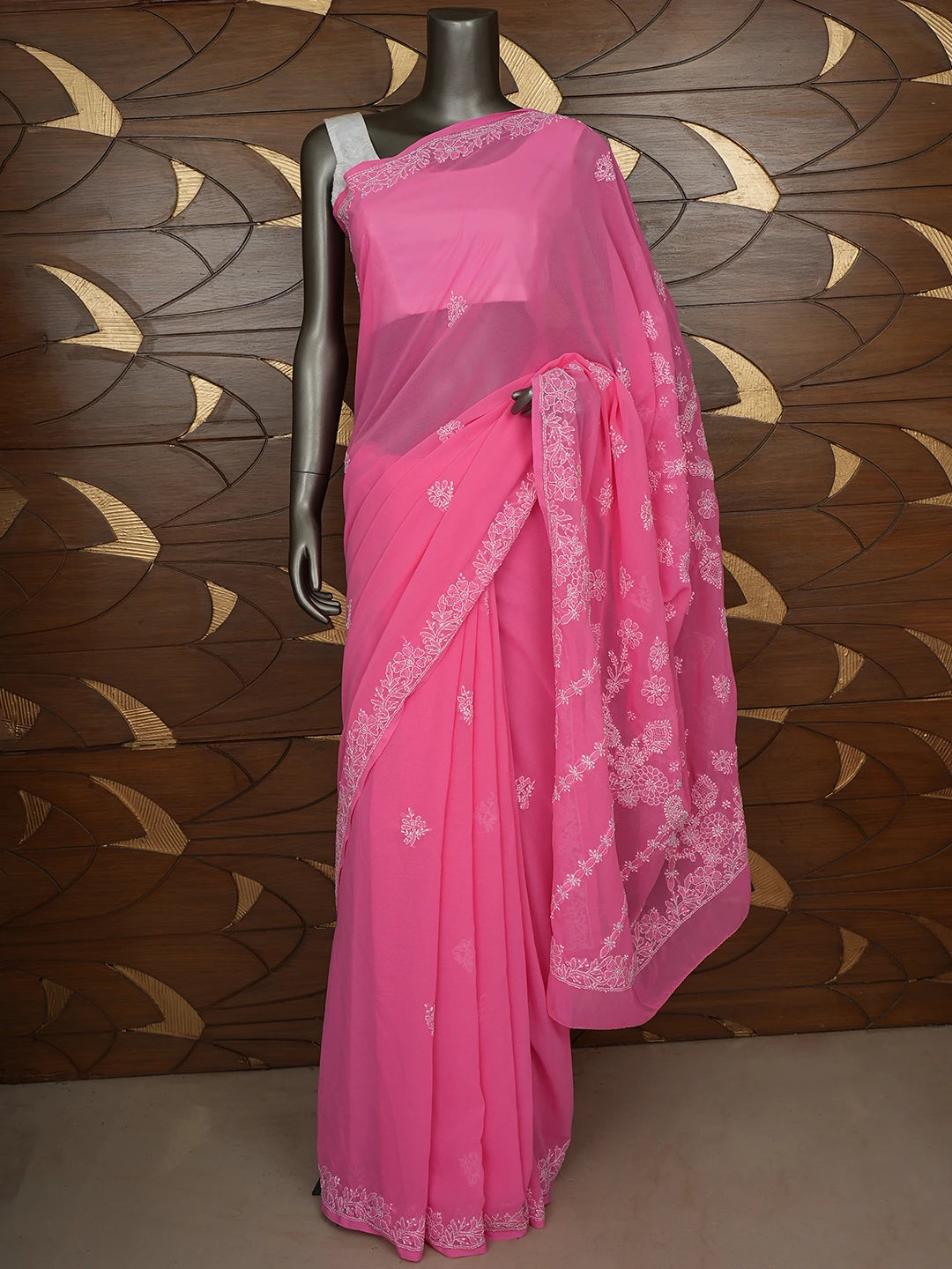 Ada Hand Embroidered Pink Georgette Lucknowi Chikankari Saree With Blouse 01A642755