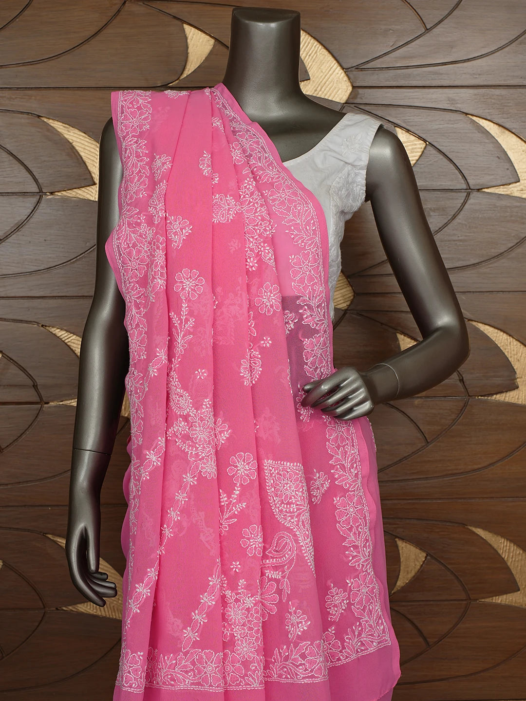 Ada Hand Embroidered Pink Georgette Lucknowi Chikankari Saree With Blouse 01A642755