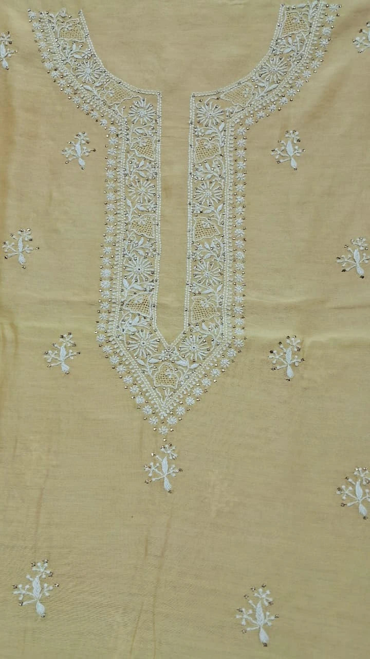 Ada Hand Embroidered Beige Chanderi Lucknowi Chikankari Unstitched Kurta Piece With Mukaish Work 01A753979