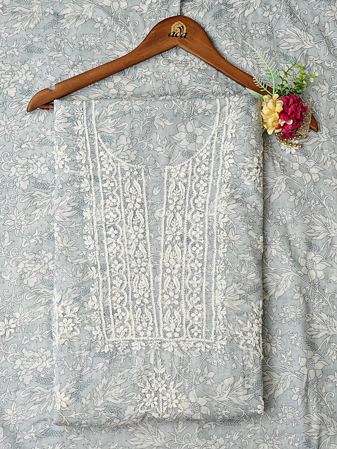 Ada Hand Embroidered Floral Printed Grey Cotton Lucknowi Chikankari Unstitched Kurta Dupatta Set 01A820276