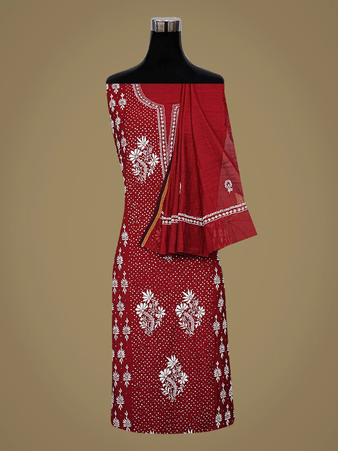 Ada Hand Embroidered Maroon Chanderi Lucknowi Chikankari Unstitched Kurta Dupatta Set With Cutdana Work 01A800821