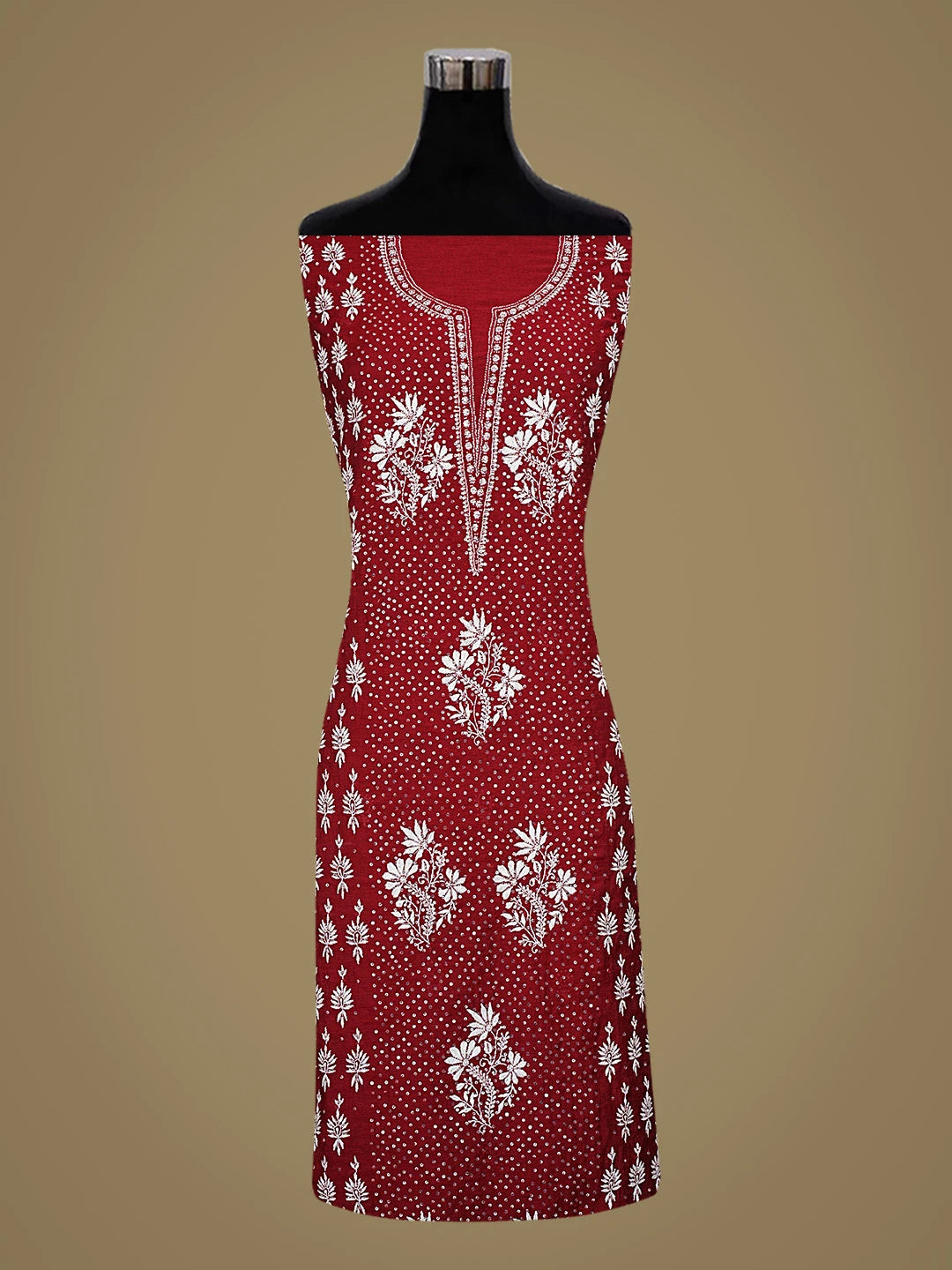 Ada Hand Embroidered Maroon Chanderi Lucknowi Chikankari Unstitched Kurta Dupatta Set With Cutdana Work 01A800821