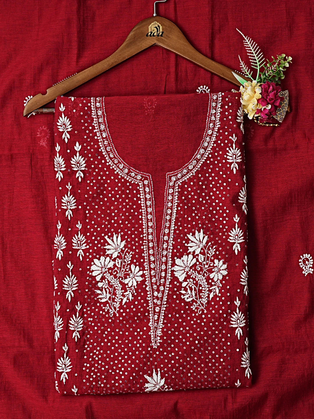 Ada Hand Embroidered Maroon Chanderi Lucknowi Chikankari Unstitched Kurta Dupatta Set With Cutdana Work 01A800821