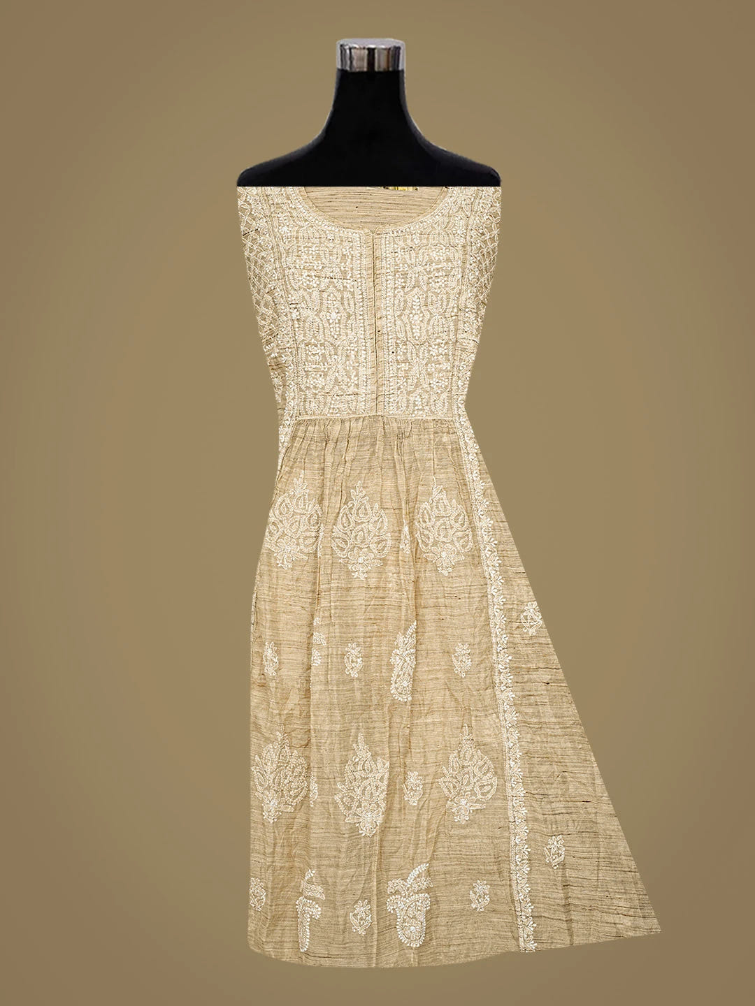 Ada Hand Embroidered Fawn Chanderi Lucknowi Chikankari Semi-Stitched Kurta Dupatta Set 01A762435