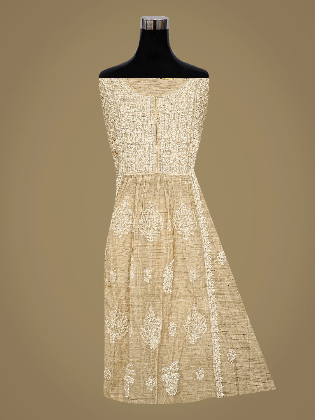 Ada Hand Embroidered Fawn Chanderi Lucknowi Chikankari Semi-Stitched Kurta Dupatta Set 01A762435
