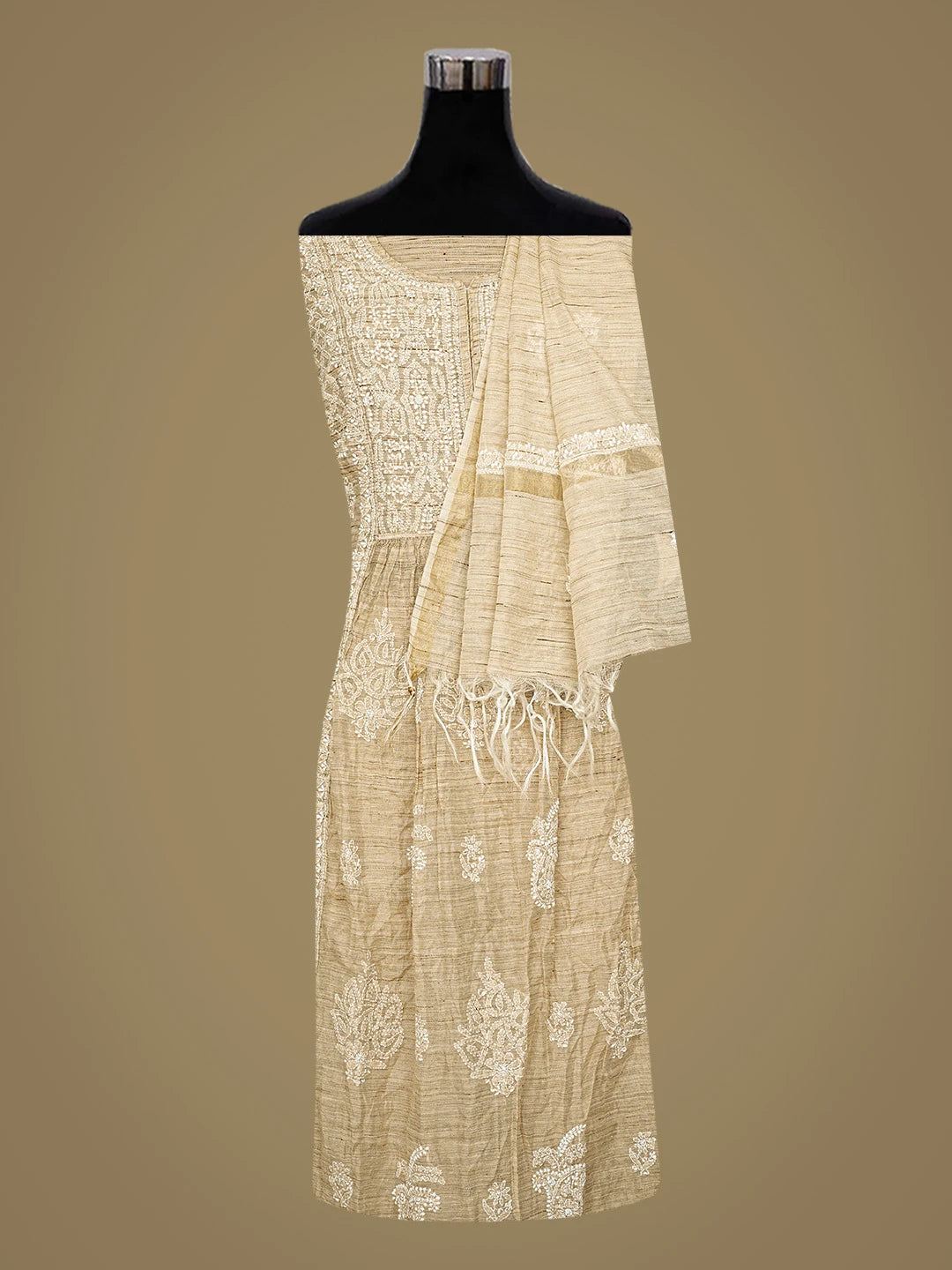 Ada Hand Embroidered Fawn Chanderi Lucknowi Chikankari Semi-Stitched Kurta Dupatta Set 01A762435