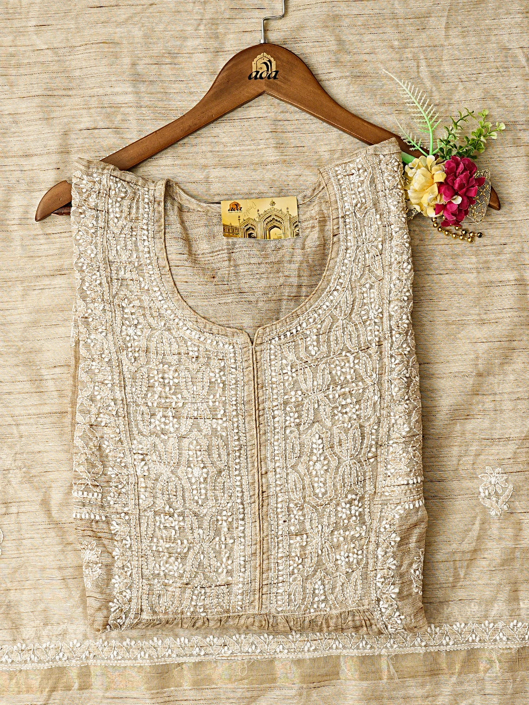 Ada Hand Embroidered Fawn Chanderi Lucknowi Chikankari Semi-Stitched Kurta Dupatta Set 01A762435