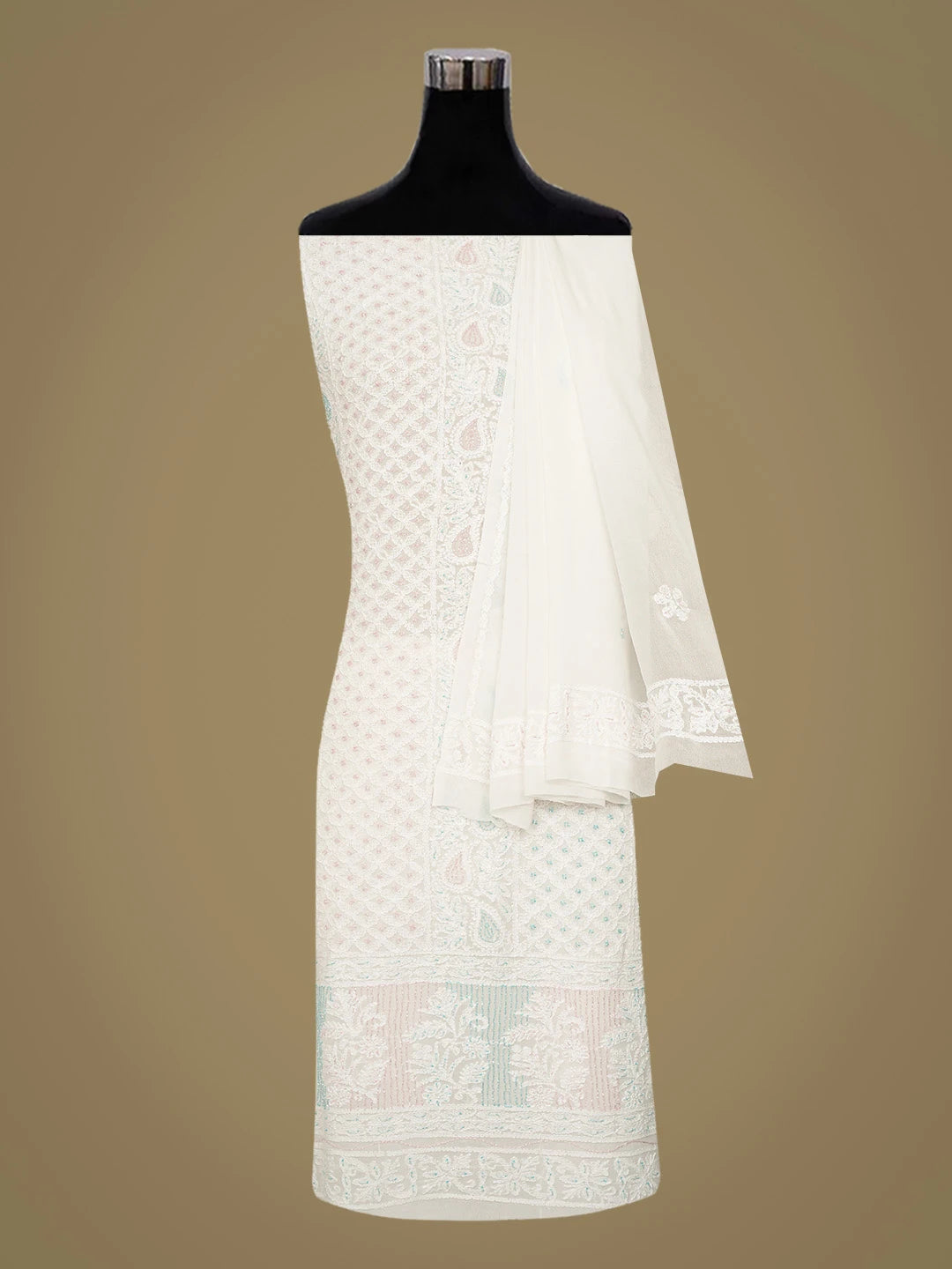 Ada Hand Embroidered White Viscose Georgette Lucknowi Chikankari Unstitched Kurta Dupatta Set With Cutdana Work 01A793033