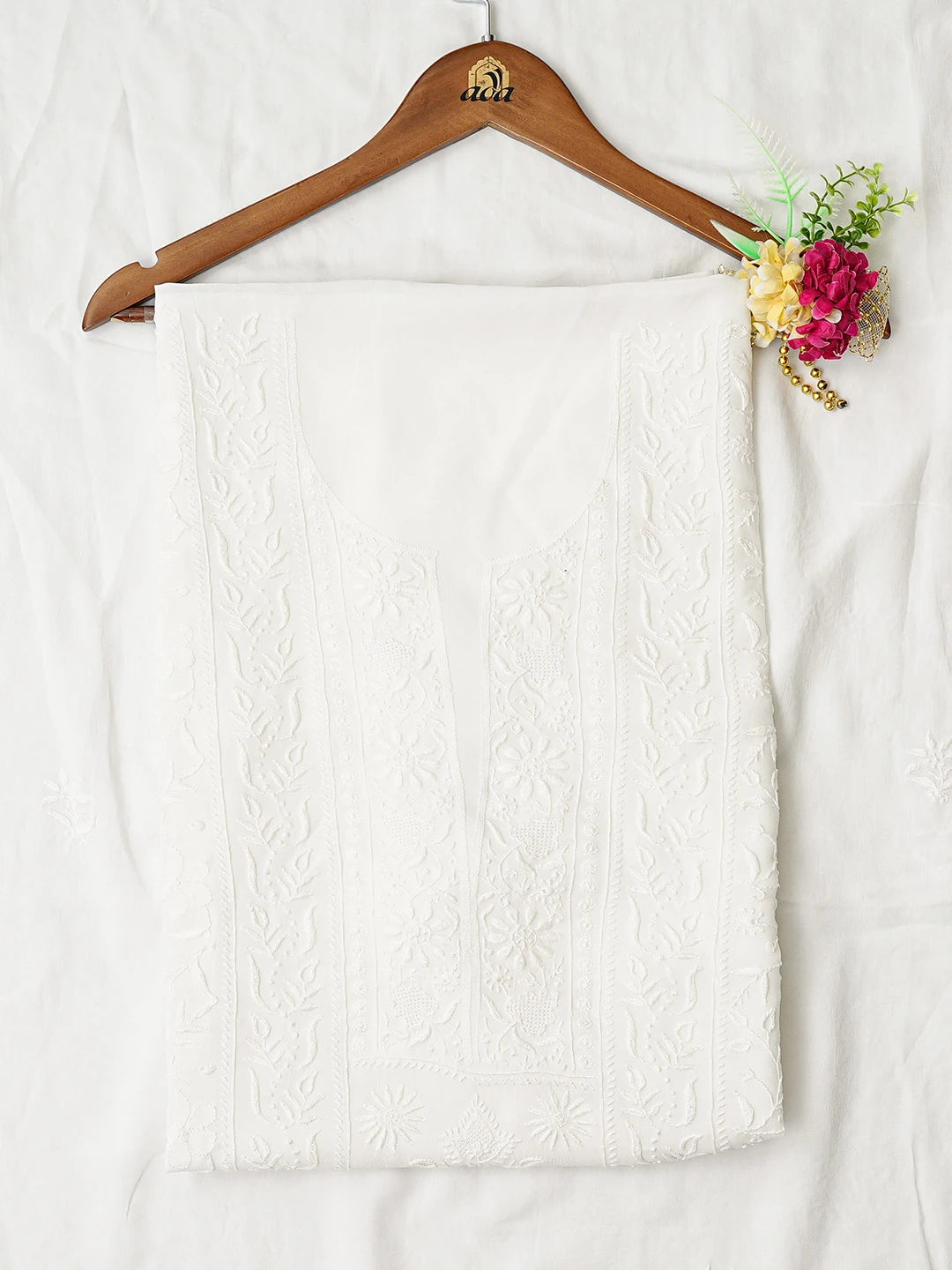 Ada Hand Embroidered White Viscose Georgette Lucknowi Chikankari Unstitched Kurta Dupatta Set 01A843857