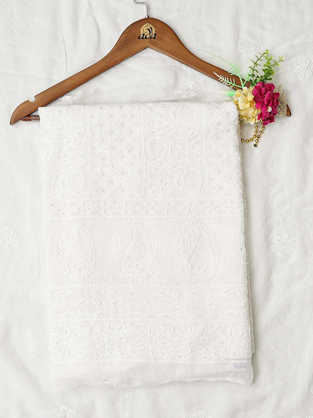 Ada Hand Embroidered White Viscose Georgette Lucknowi Chikankari Unstitched Kurta Dupatta Set With Pearl Work 01A782544