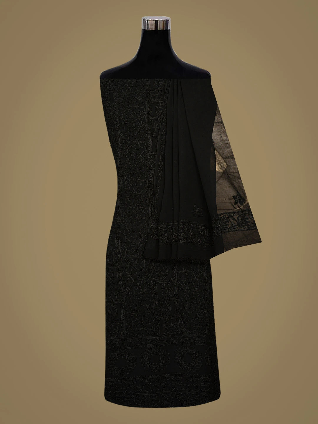 Ada Hand Embroidered Black Viscose Georgette Lucknowi Chikankari Unstitched Kurta Dupatta Set 01A792849