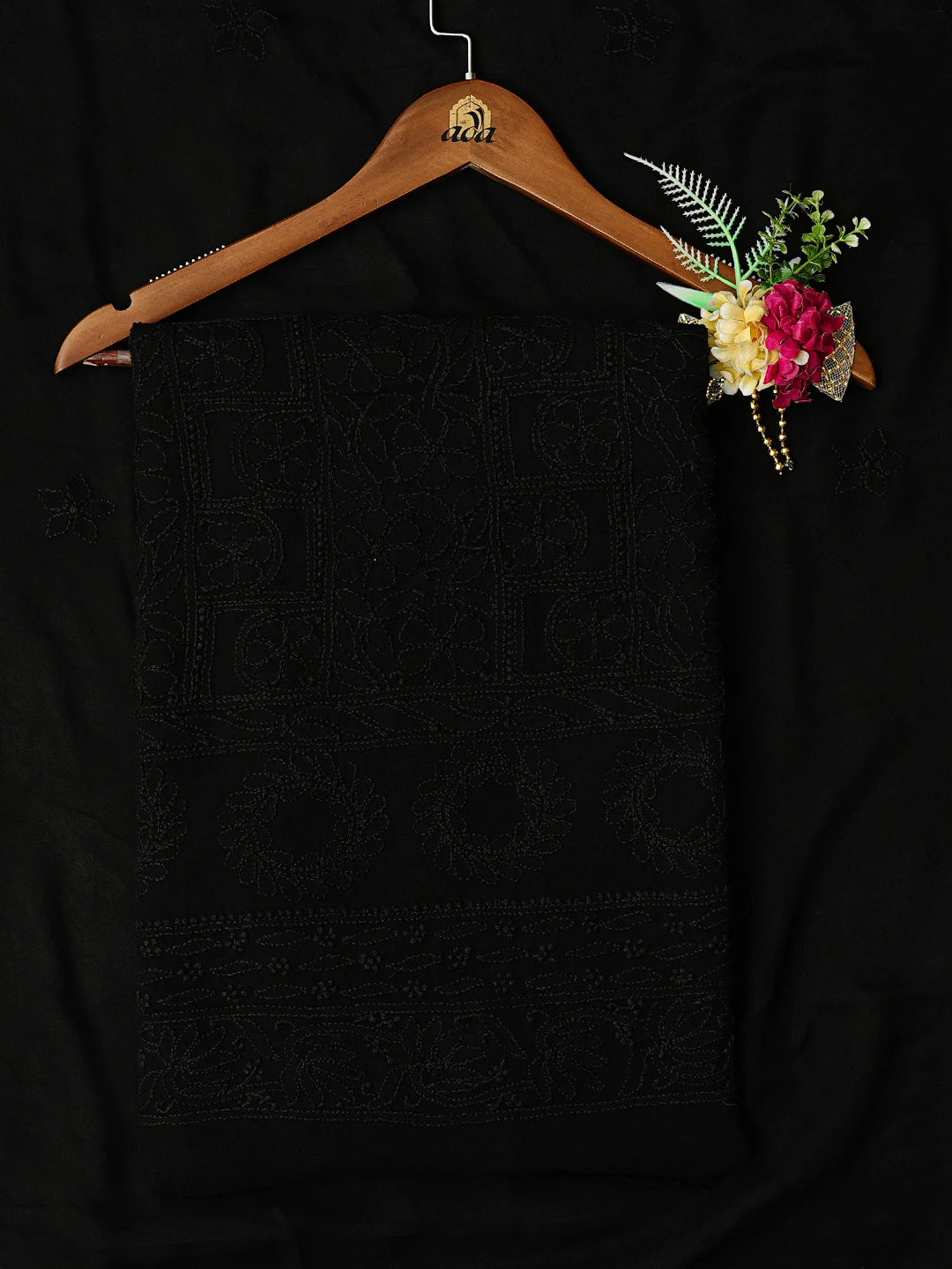 Ada Hand Embroidered Black Viscose Georgette Lucknowi Chikankari Unstitched Kurta Dupatta Set 01A792849