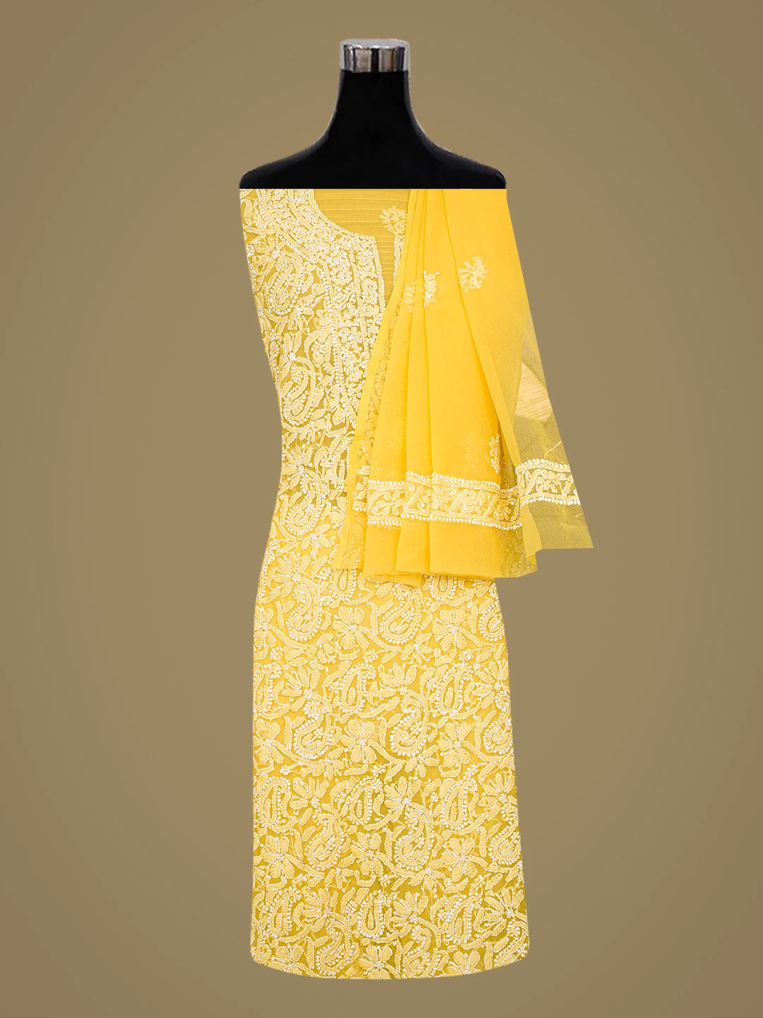 Ada Hand Embroidered Yellow Georgette Lucknowi Chikankari Unstitched Suit Piece 01A779041