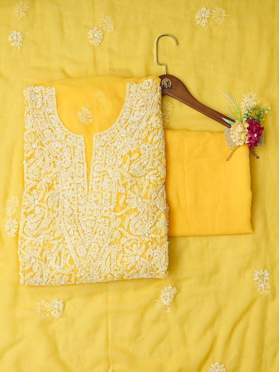 Ada Hand Embroidered Yellow Georgette Lucknowi Chikankari Unstitched Suit Piece 01A779041