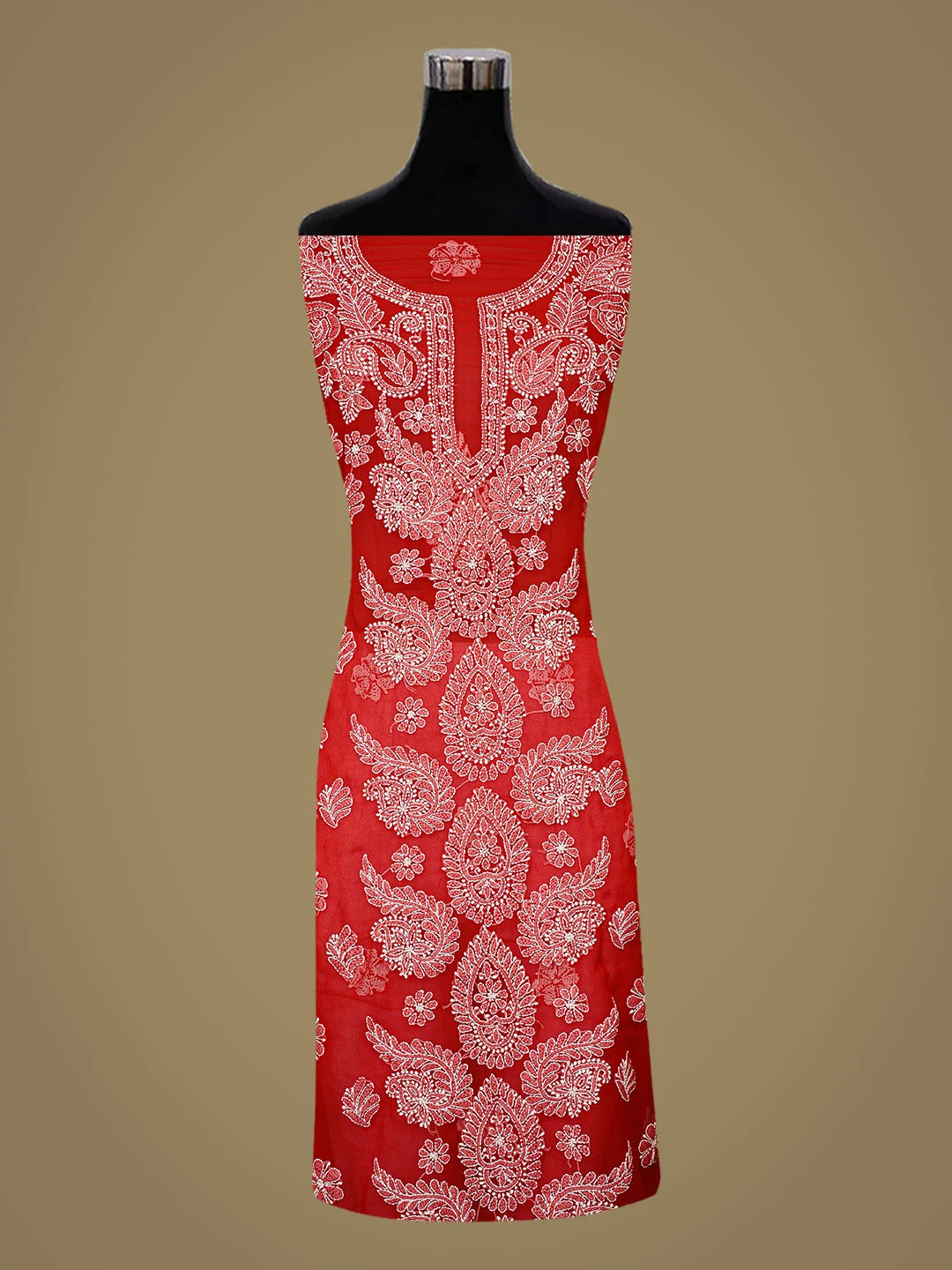 Ada Hand Embroidered Red Georgette Lucknowi Chikankari Unstitched Suit Piece 01A783433