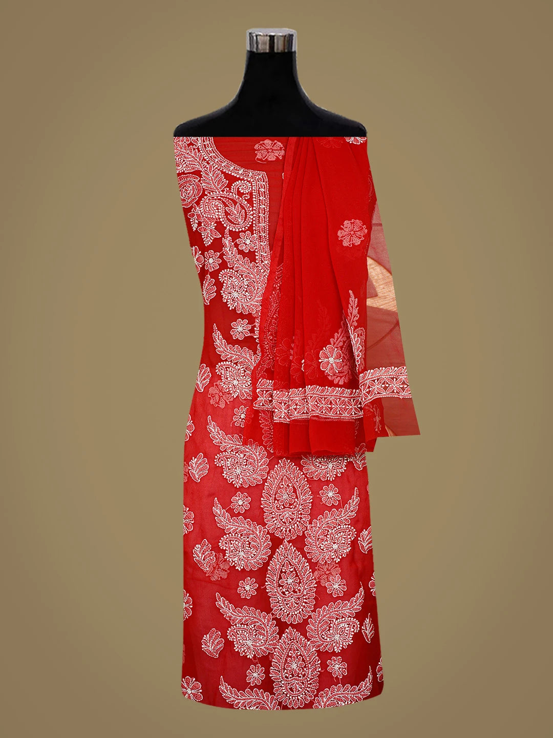 Ada Hand Embroidered Red Georgette Lucknowi Chikankari Unstitched Suit Piece 01A783433