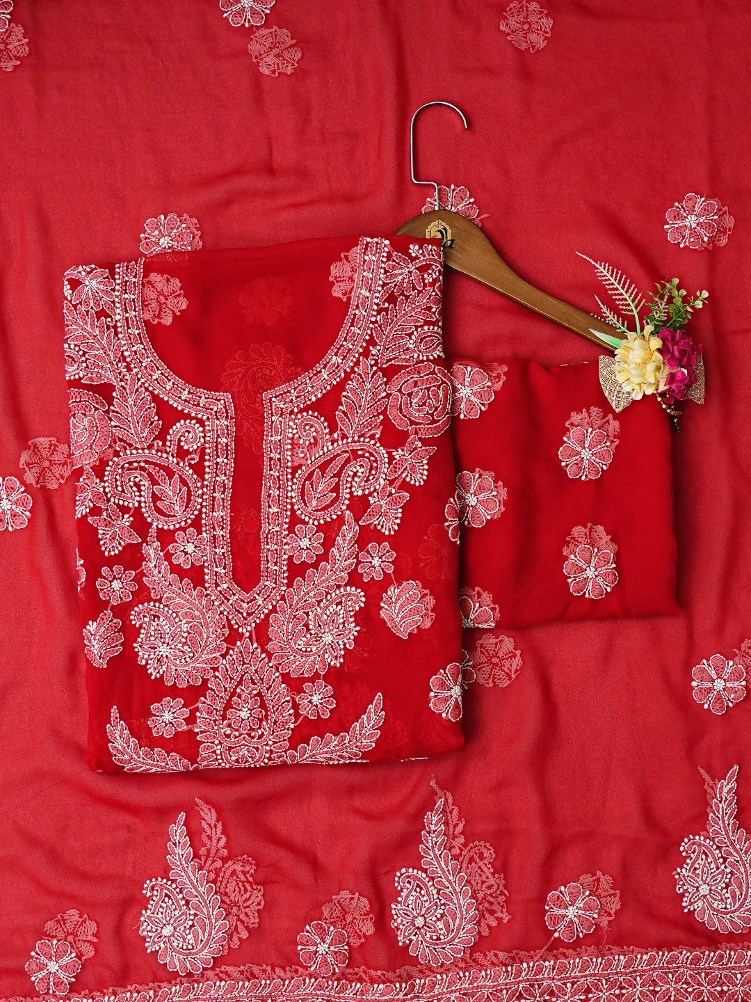 Ada Hand Embroidered Red Georgette Lucknowi Chikankari Unstitched Suit Piece 01A783433