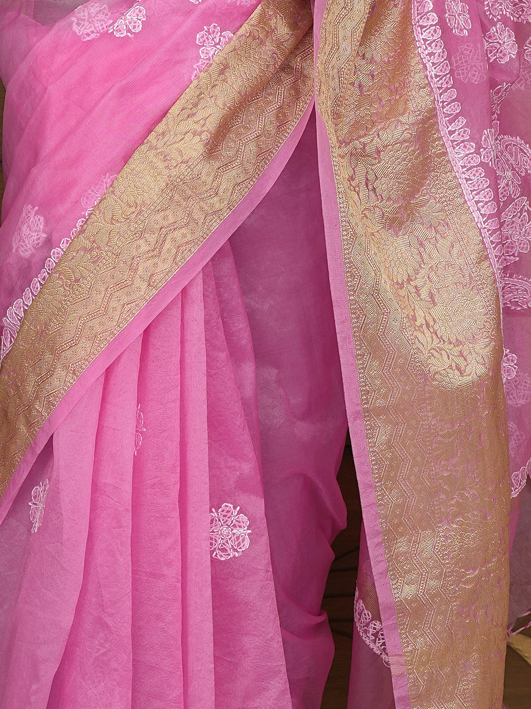 Ada Hand Embroidered Pink Organza Lucknowi Chikankari Saree and Blouse 01A816474