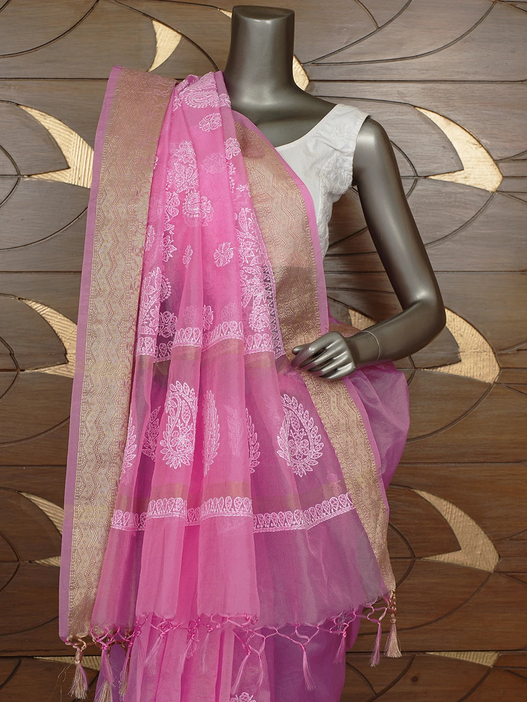 Ada Hand Embroidered Pink Organza Lucknowi Chikankari Saree and Blouse 01A816474