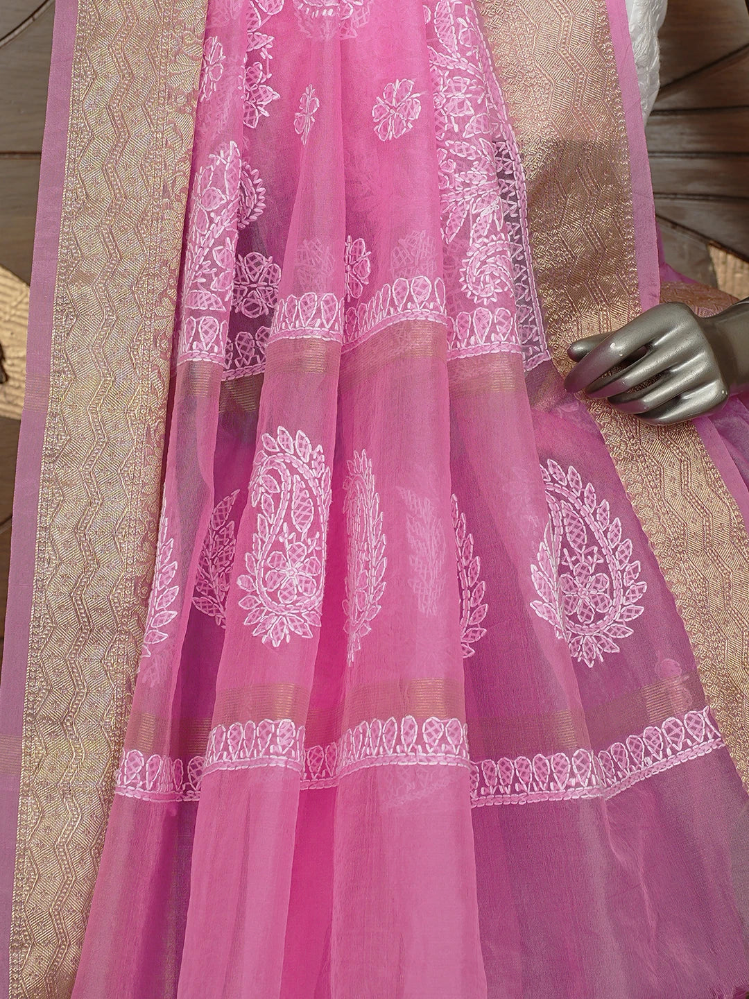 Ada Hand Embroidered Pink Organza Lucknowi Chikankari Saree and Blouse 01A816474