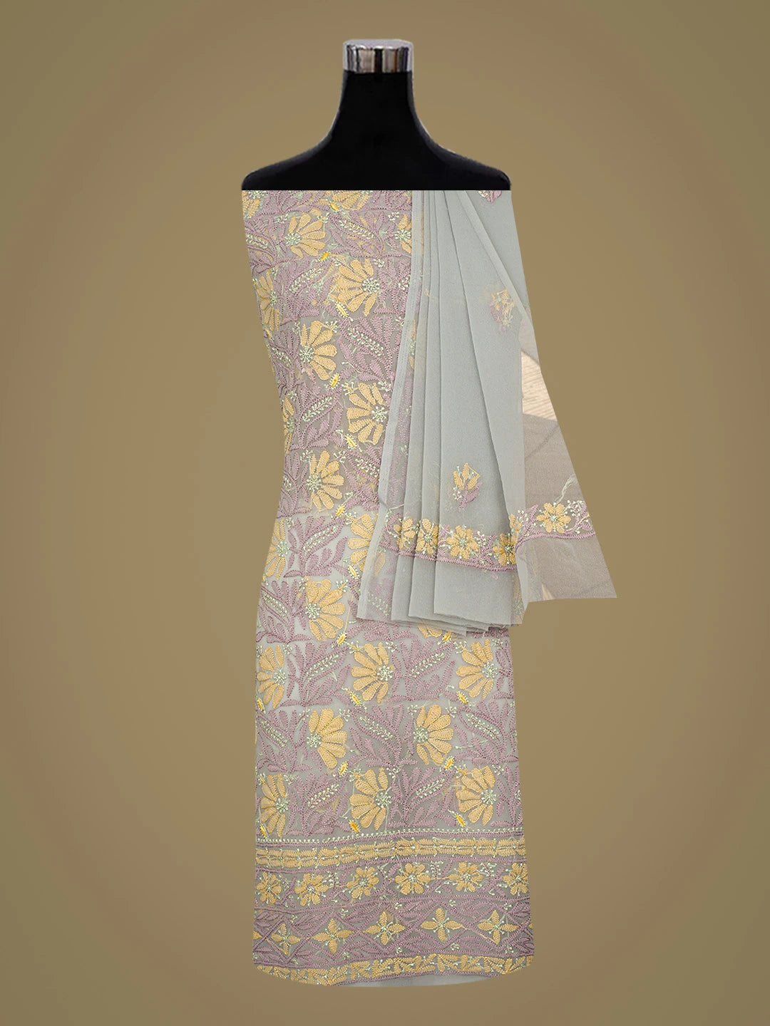 Ada Hand Embroidered Grey Georgette Lucknowi Chikankari Unstitched Suit Piece 01A857253