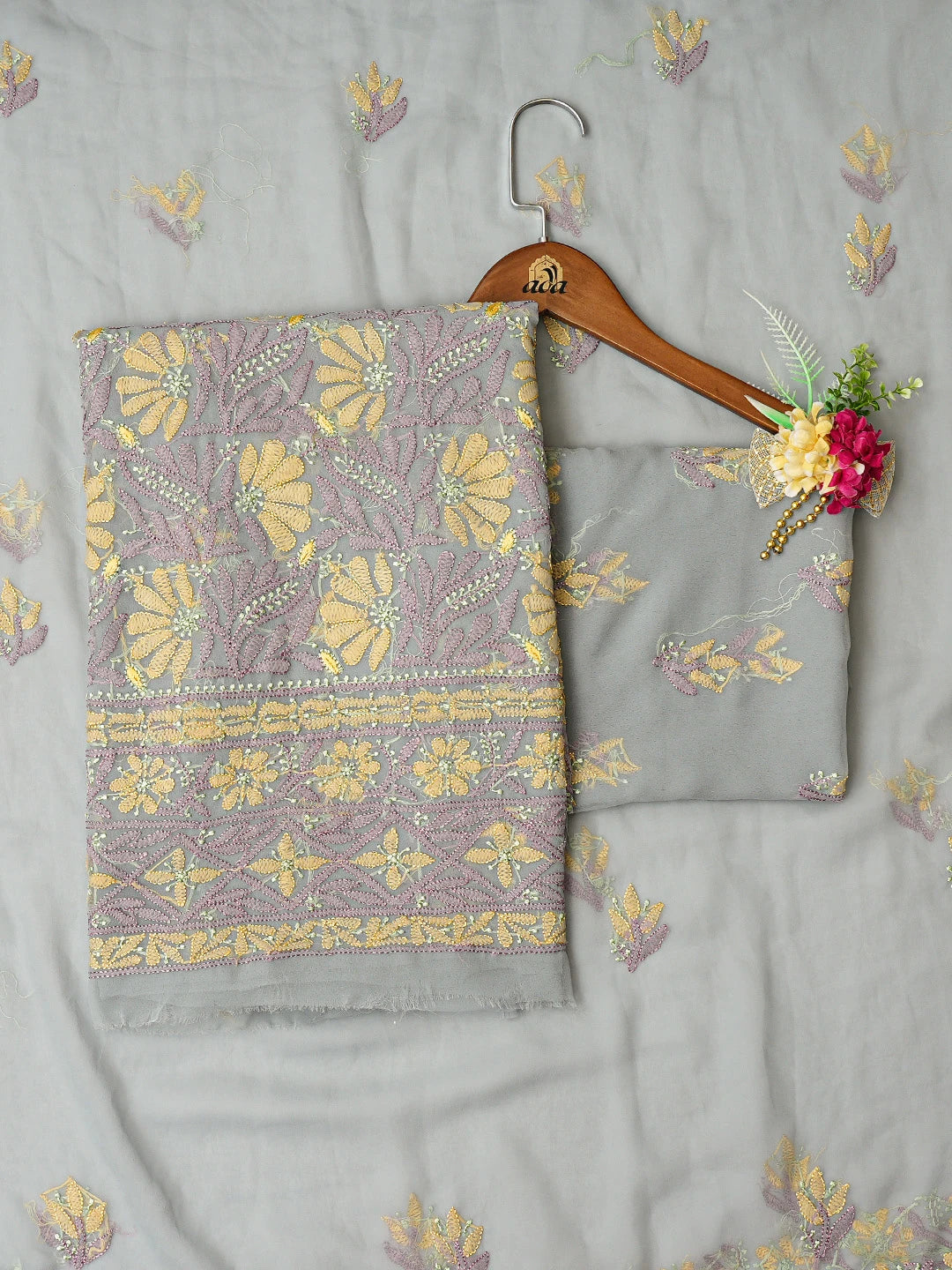 Ada Hand Embroidered Grey Georgette Lucknowi Chikankari Unstitched Suit Piece 01A857253