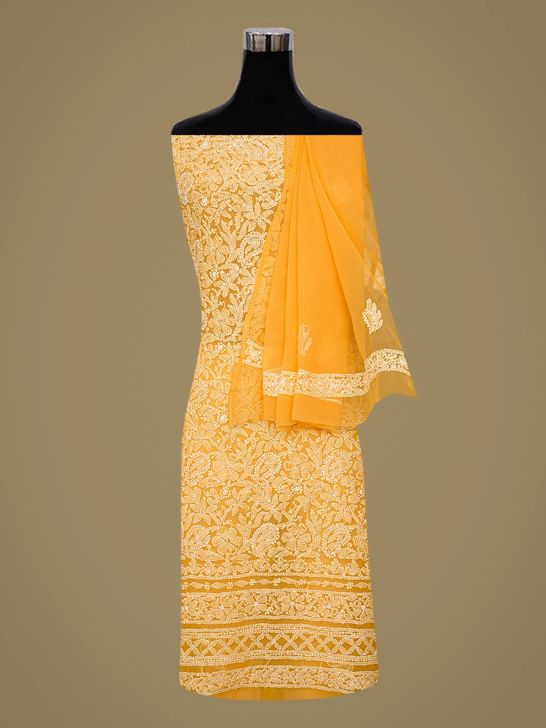 Ada Hand Embroidered Mustard Georgette Lucknowi Chikankari Unstitched Suit Piece 01A816596