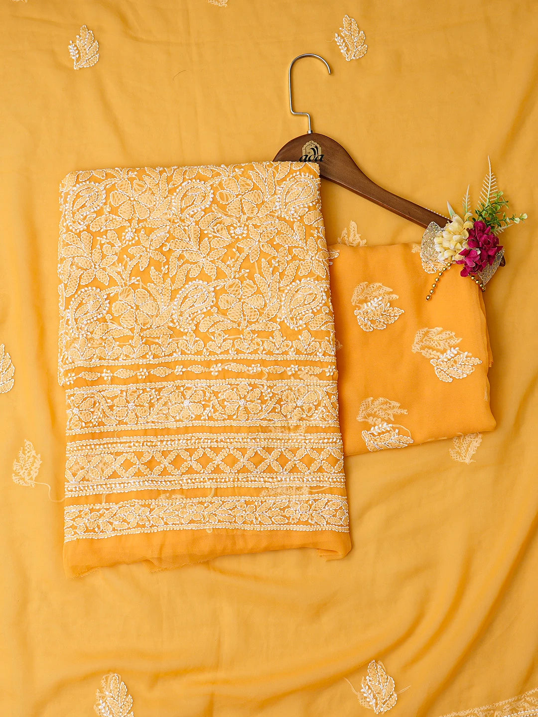 Ada Hand Embroidered Mustard Georgette Lucknowi Chikankari Unstitched Suit Piece 01A816596