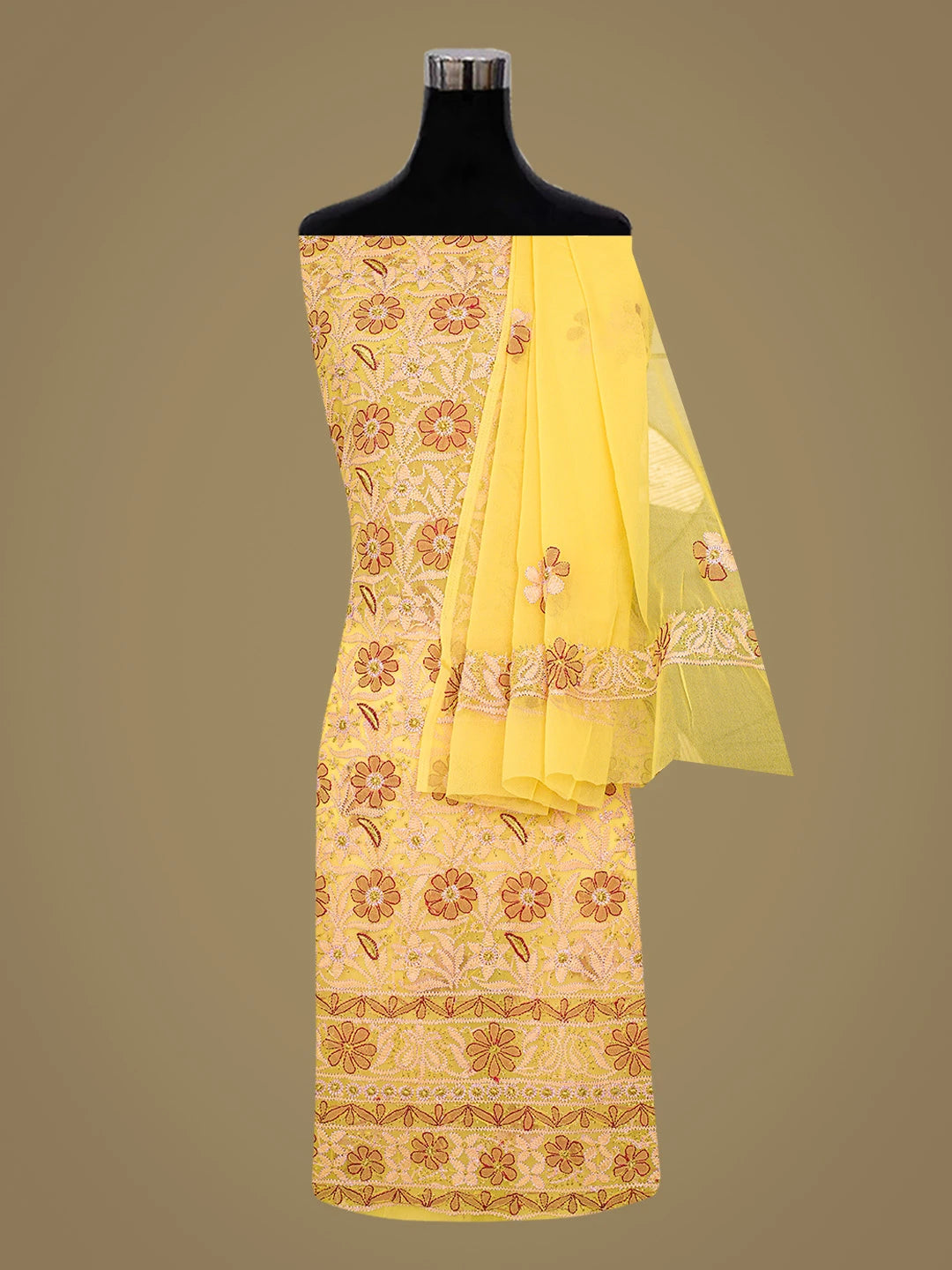Ada Hand Embroidered Yellow Georgette Lucknowi Chikankari Unstitched Suit Piece 01A857266