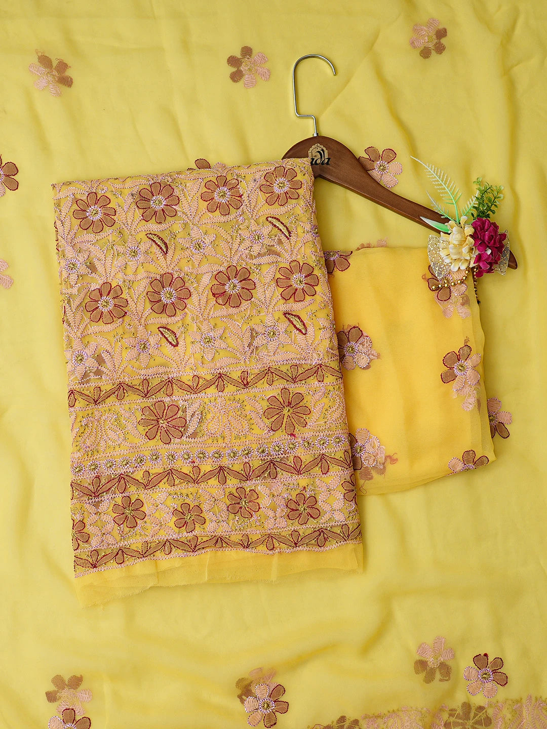 Ada Hand Embroidered Yellow Georgette Lucknowi Chikankari Unstitched Suit Piece 01A857266