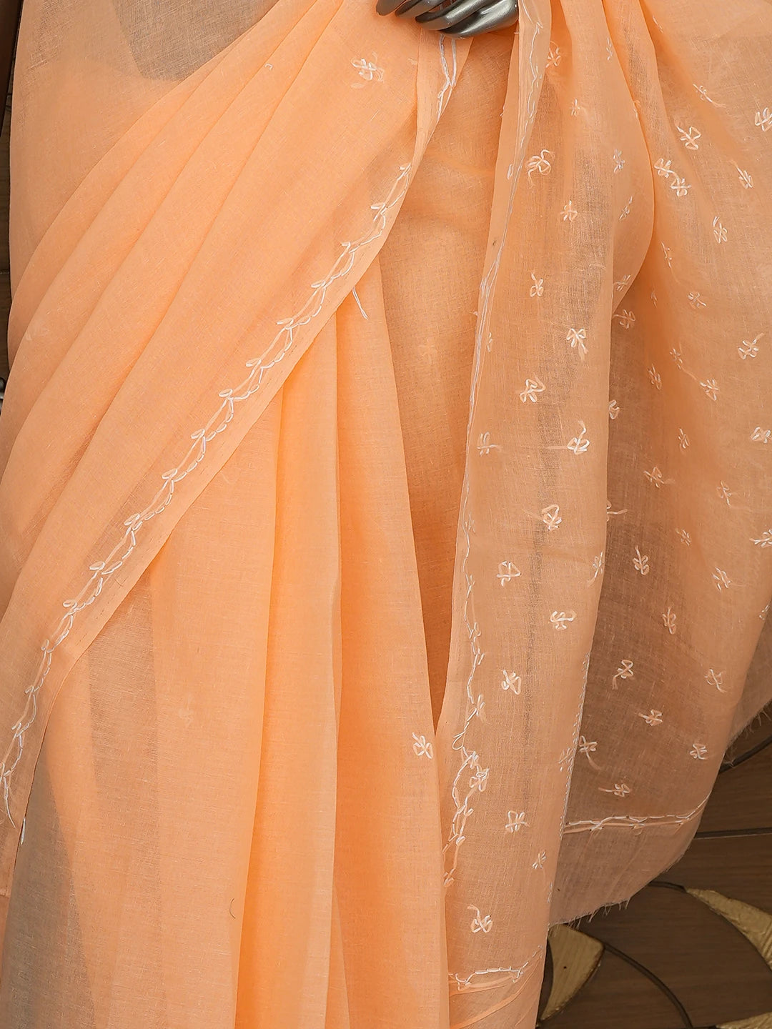 Ada Hand Embroidered Peach Cotton Lucknowi Chikankari Saree and Blouse 01A854481