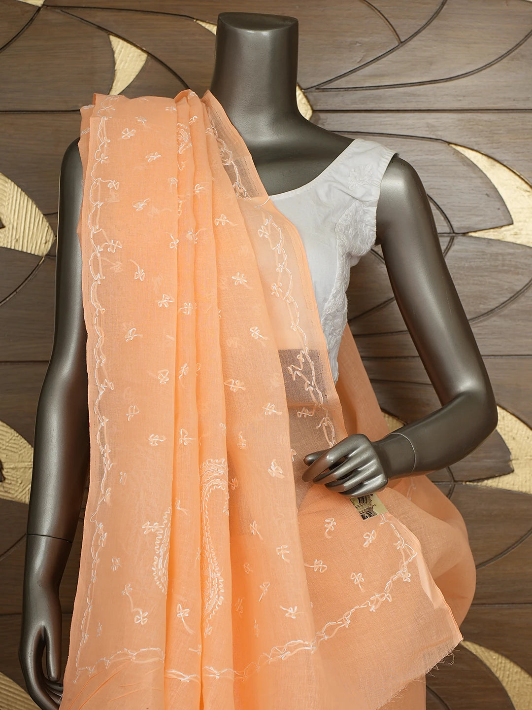 Ada Hand Embroidered Peach Cotton Lucknowi Chikankari Saree and Blouse 01A854481