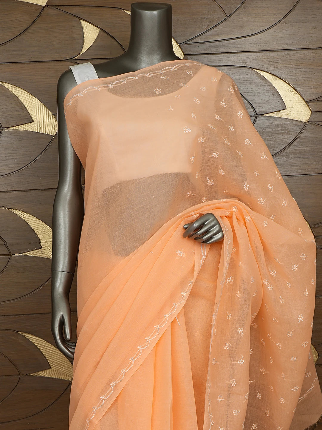 Ada Hand Embroidered Peach Cotton Lucknowi Chikankari Saree and Blouse 01A854481