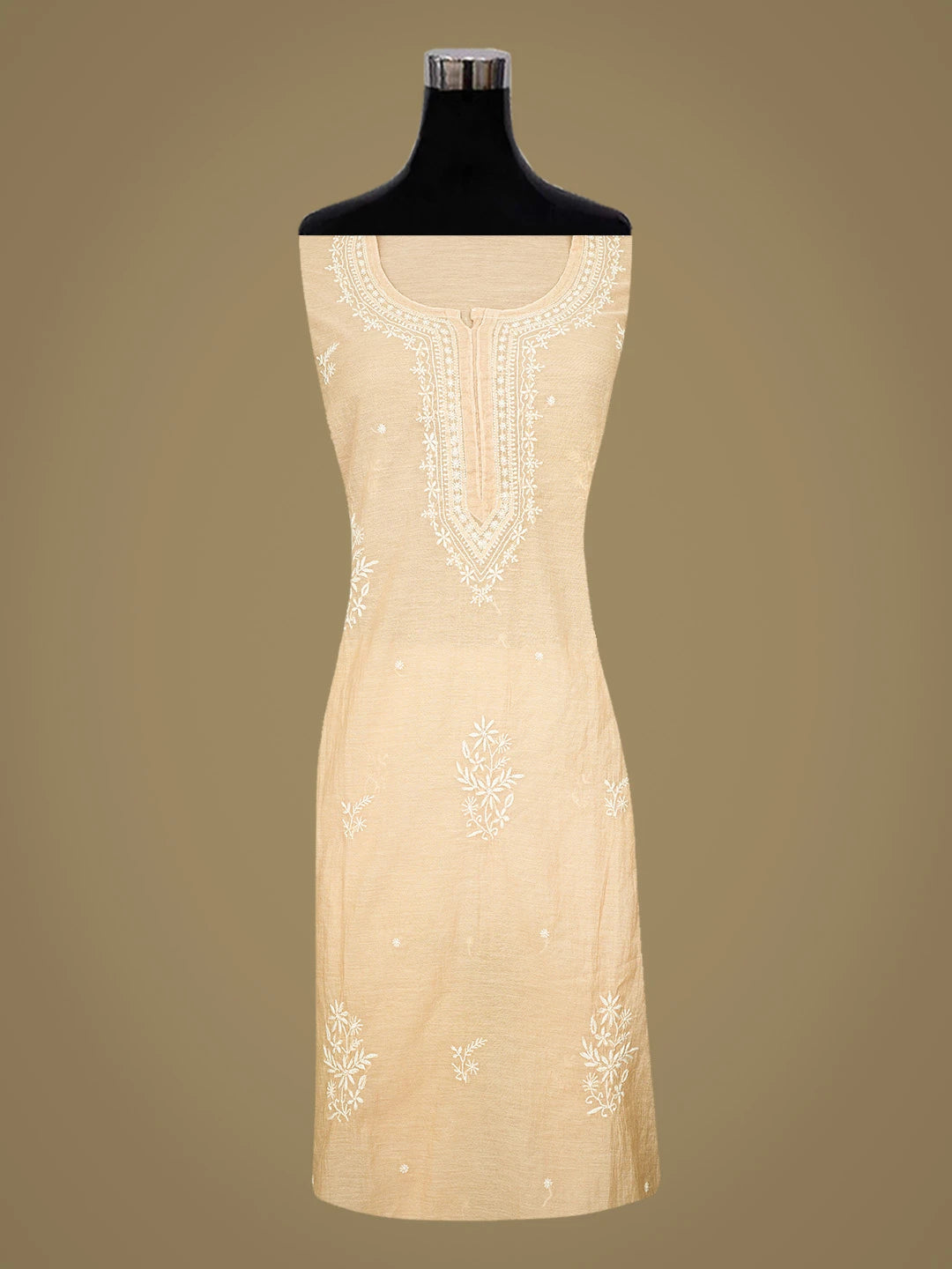 Ada Hand Embroidered Fawn Chanderi Lucknowi Chikankari Semi-Stitched Kurta Dupatta Set 01A864379