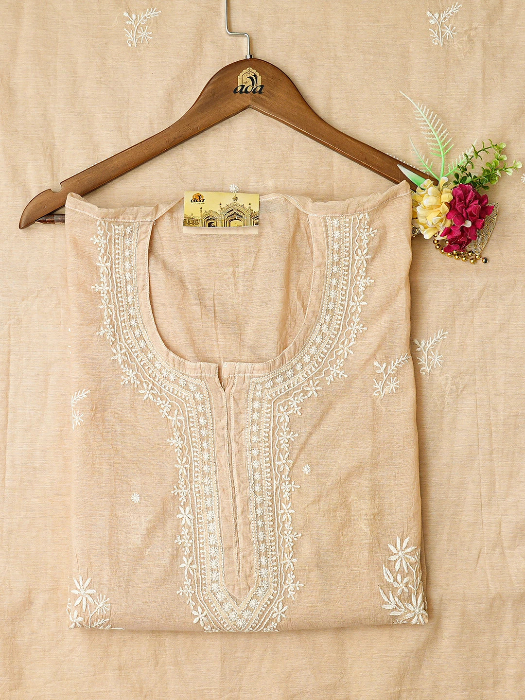 Ada Hand Embroidered Fawn Chanderi Lucknowi Chikankari Semi-Stitched Kurta Dupatta Set 01A864379