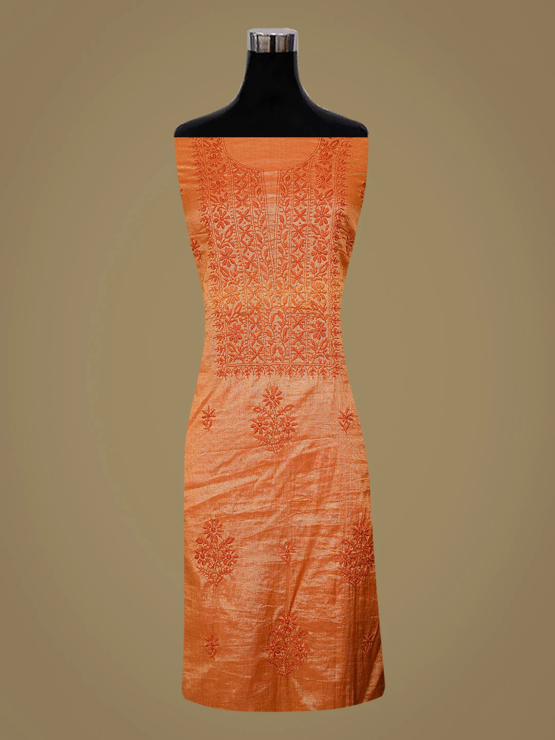 Ada Hand Embroidered Rust Tissue Lucknowi Chikankari Unstitched Kurta Dupatta Set 01A788952