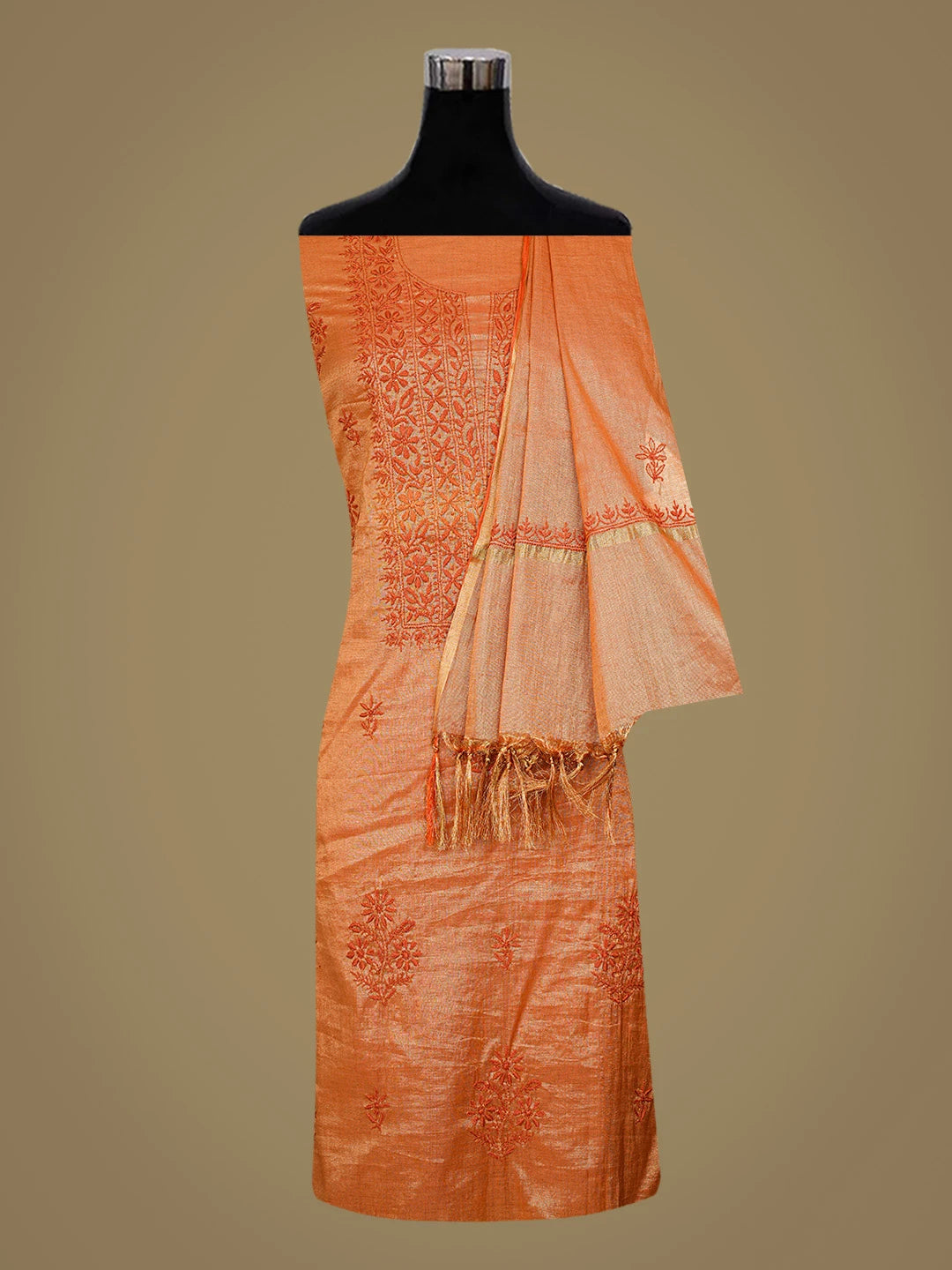 Ada Hand Embroidered Rust Tissue Lucknowi Chikankari Unstitched Kurta Dupatta Set 01A788952
