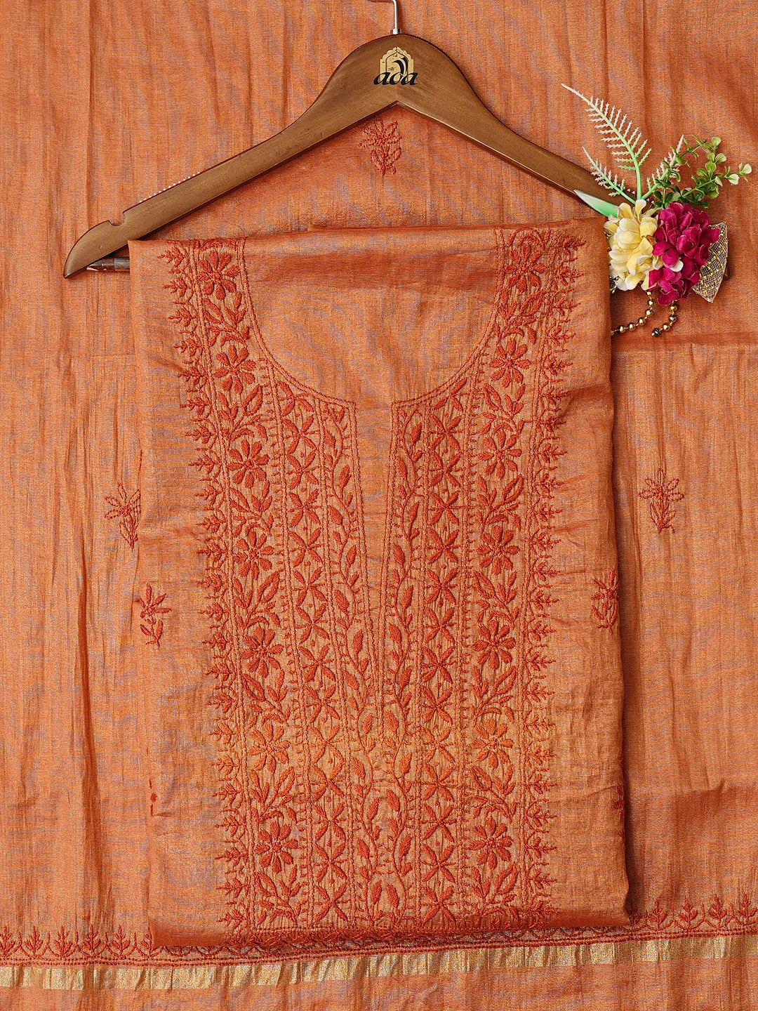Ada Hand Embroidered Rust Tissue Lucknowi Chikankari Unstitched Kurta Dupatta Set 01A788952