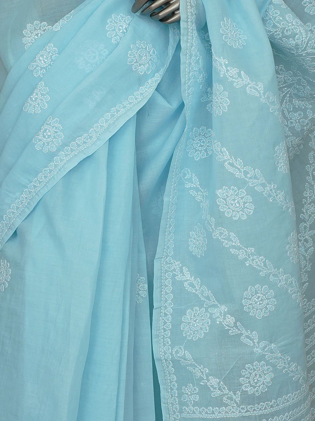 Ada Hand Embroidered Blue Cotton Lucknowi Chikankari Saree and Blouse 01A866220