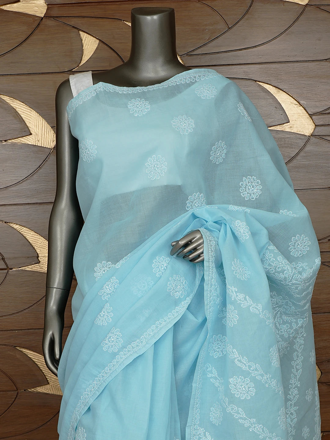 Ada Hand Embroidered Blue Cotton Lucknowi Chikankari Saree and Blouse 01A866220