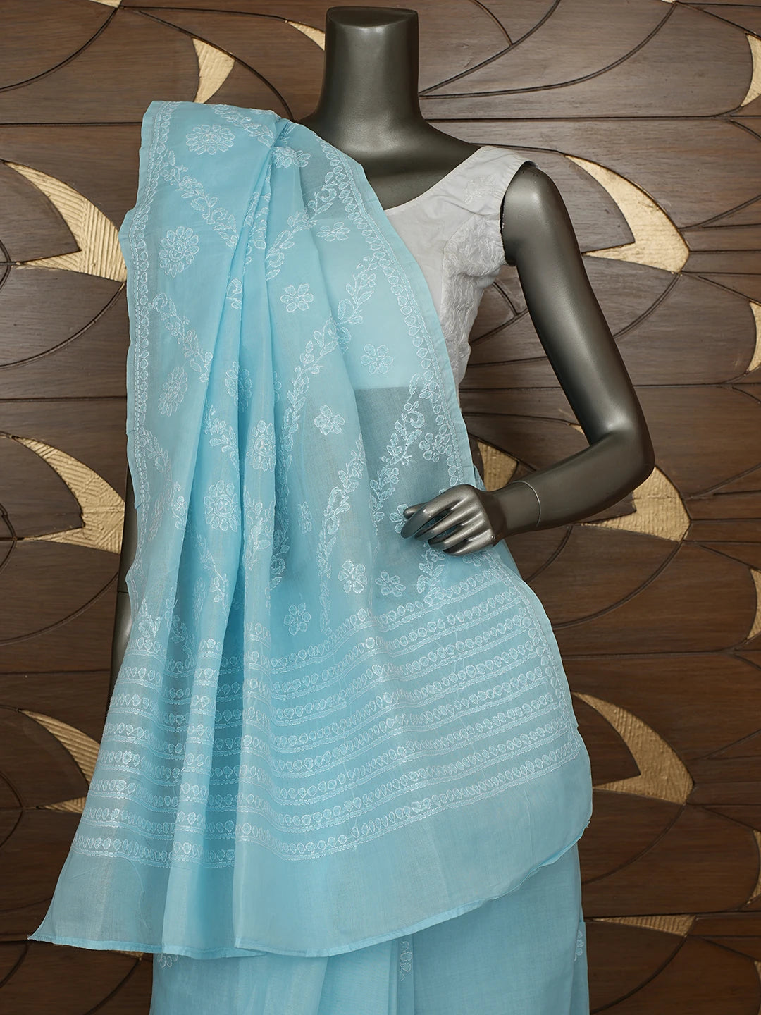 Ada Hand Embroidered Blue Cotton Lucknowi Chikankari Saree and Blouse 01A866220