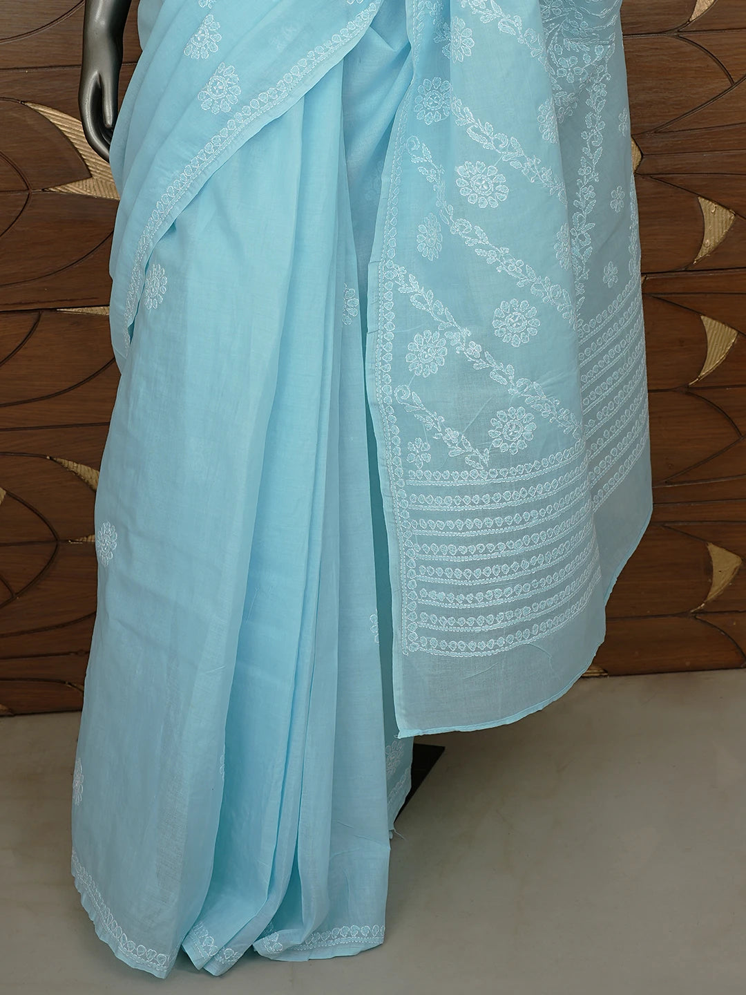 Ada Hand Embroidered Blue Cotton Lucknowi Chikankari Saree and Blouse 01A866220
