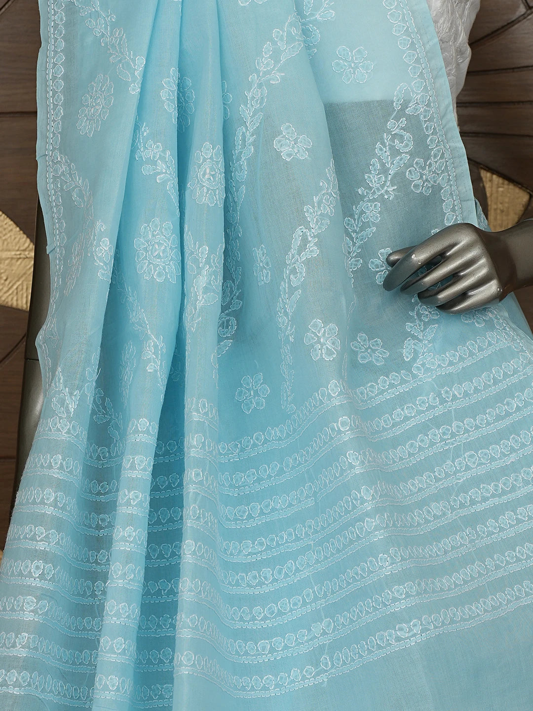 Ada Hand Embroidered Blue Cotton Lucknowi Chikankari Saree and Blouse 01A866220
